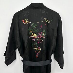 Vintage Silky Kimono Robe Large Hand Embroidered Garden Satin Golden Bee Jacquar